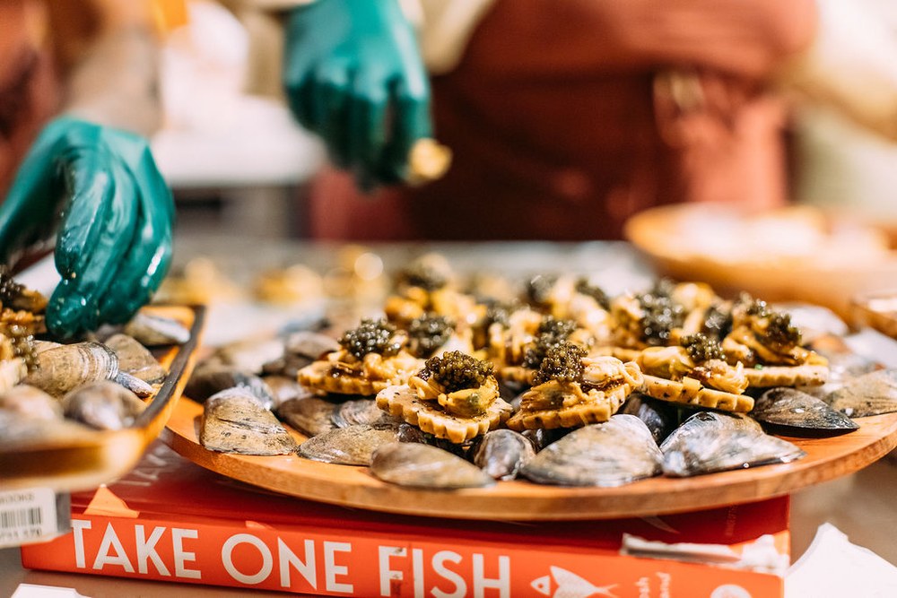 Caviar bites on clam shells